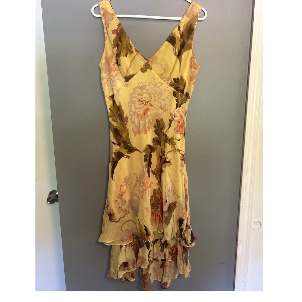 Vintage Paradise NY Yellow Floral Sequin Ruffle High Low Fairycore Midi Dress
